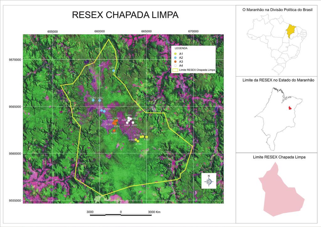 22 Figura 1 - Localização das parcelas em áreas de ocorrência de bacuri na Resex Chapada Limpa, Chapadinha/MA. Fonte: Nugeo, 2013.