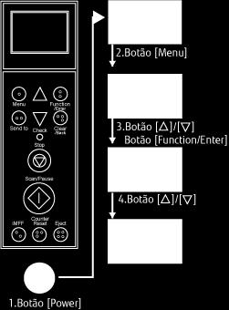 Como usar o painel de operações Verificando as informações 1 Pressione o botão [Power] no scanner. A mensagem [Ready] é exibida no LCD. 2 Pressione o botão [Menu].
