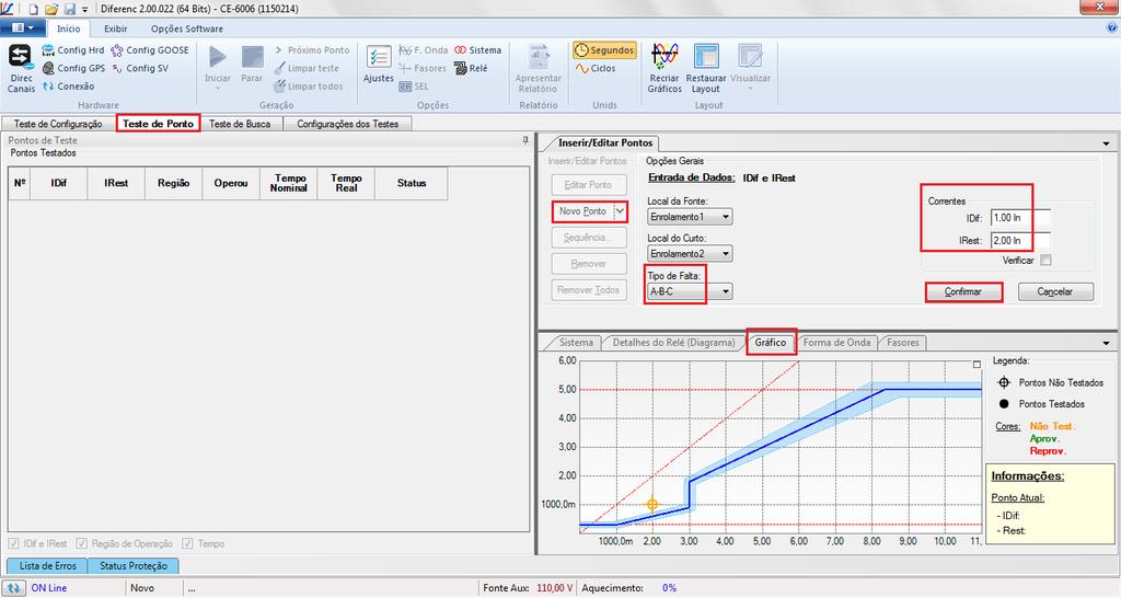 Ponto escolha o tipo de falta, e os valores de corrente