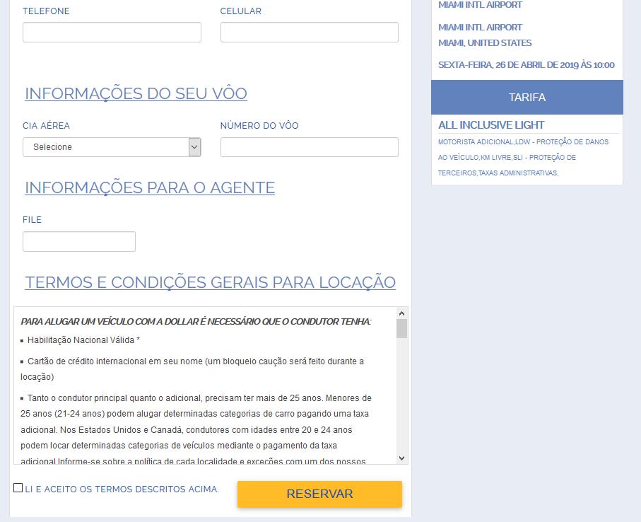 informações do voo, ler e assinar os Termos e Condições.