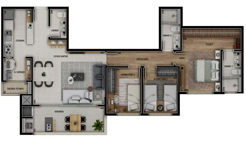 Tipo 3 / 103m 2 de área privativa / 185m 2 de área total / 2 vagas Ampla sala integrada à varanda e cozinha Lavabo Três dormitórios, sendo uma súite com espaçoso closet Churrasqueira a carvão na