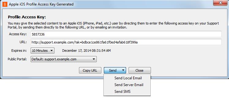 Quando você clicar no botão Gerar Chave de Acesso, uma tela Chave de Acesso Gerada é iniciada contendo opções especiais para enviar um convite de e-mail ao seu cliente do dispositivo Apple ios.