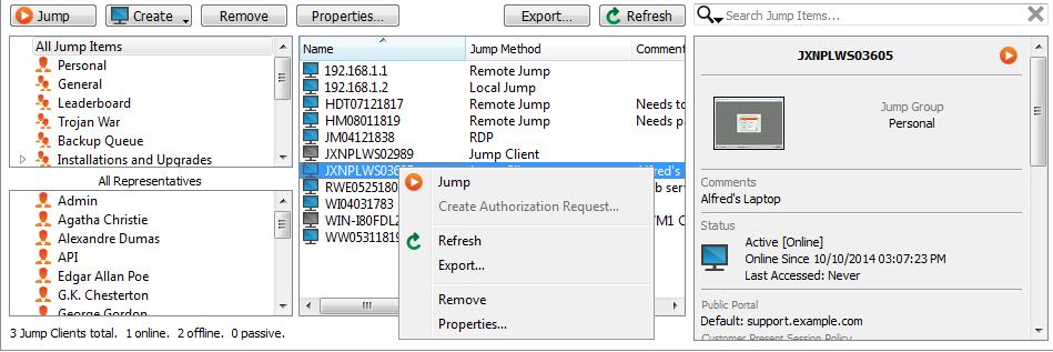 Interface do Jump: Usar Itens de Jump para Suporte Técnico a Sistemas Remotos A tecnologia Jump da Bomgar permite que usuários com privilégios conectem-se a um sistema remoto sem operador para