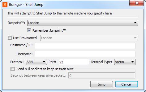 Para fazer um Shell Jump através de Bomgar, você deve ter acesso a um Jumpoint com Shell Jump ativado e deve ter a permissão de conta de usuário Métodos de Jump Permitidos: Shell Jump via um Jumpoint.
