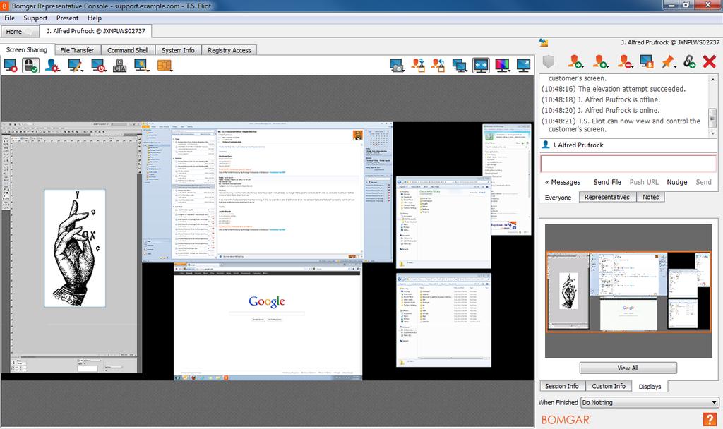 A posição de cada retângulo corresponde à posição configurada para cada monitor no desktop remoto. Por padrão, o monitor principal aparece na janela Compartilhamento de Tela.