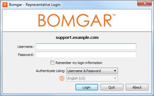 Faça Logon no Console de Suporte Técnico Após instalar o console de suporte técnico Bomgar, inicie o console de suporte técnico a partir da localização do seu diretório como definido durante a