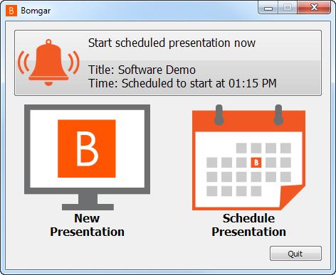 Inicie uma apresentação a partir de: menu Apresentar do console de suporte técnico botão de início rápido Apresentar no topo do seu console de suporte técnico janela de seleção da interface