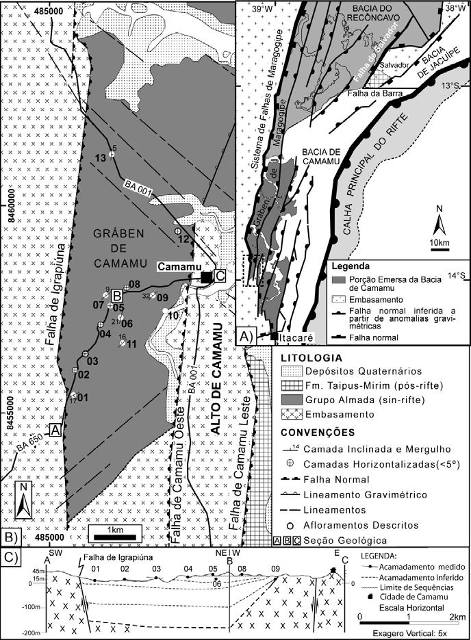 Estratigrafi a e tectônica da seção rifte no Gráben de Camamu, porção emersa da Bacia de Camamu, Bahia Figura 1 - A) Mapa estrutural da Bacia de Camamu. Área de estudo no retângulo pontilhado.
