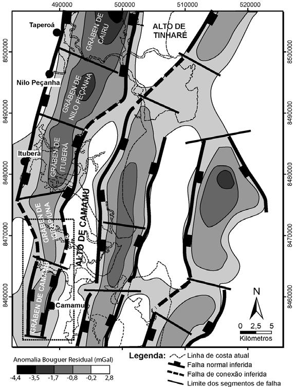 Christian C. Born et al. Figura 2 - Mapa estrutural interpretado a partir de anomalias gravimétricas. À esquerda, observa-se o sistema de grábens conectados do qual o Gráben de Camamu faz parte.