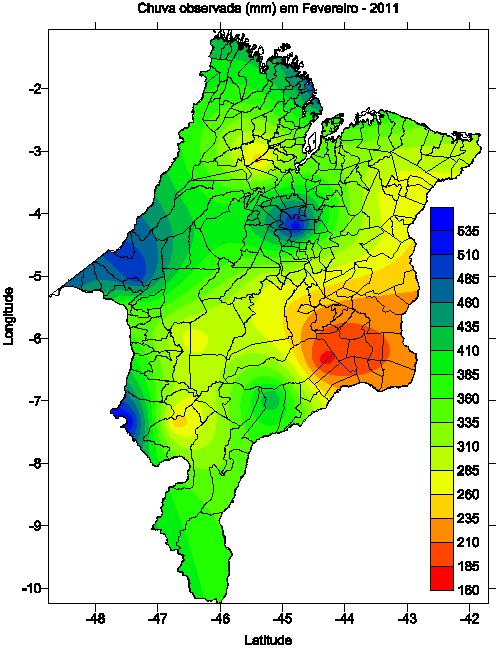 Distribuição espacial das chuvas no Estado do Maranhão De acordo com a Figura 3 que mostra a distribuição espacial da chuva em todo Maranhão, podemos considerar significativos totais mensais de chuva