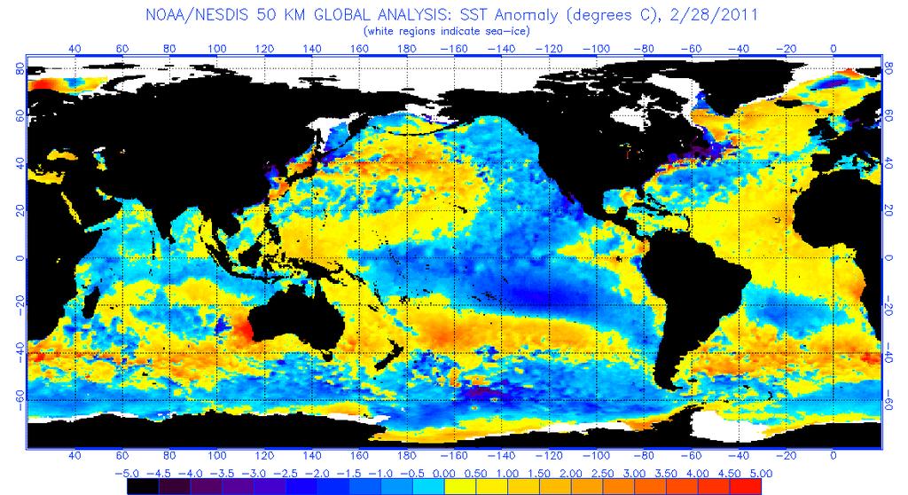 Figura 5: Anomalia de Temperatura da Superfície do Mar no dia 28 de fevereiro de 2011 com o fenômeno La Ninã em destaque. (Fonte: NOAA).