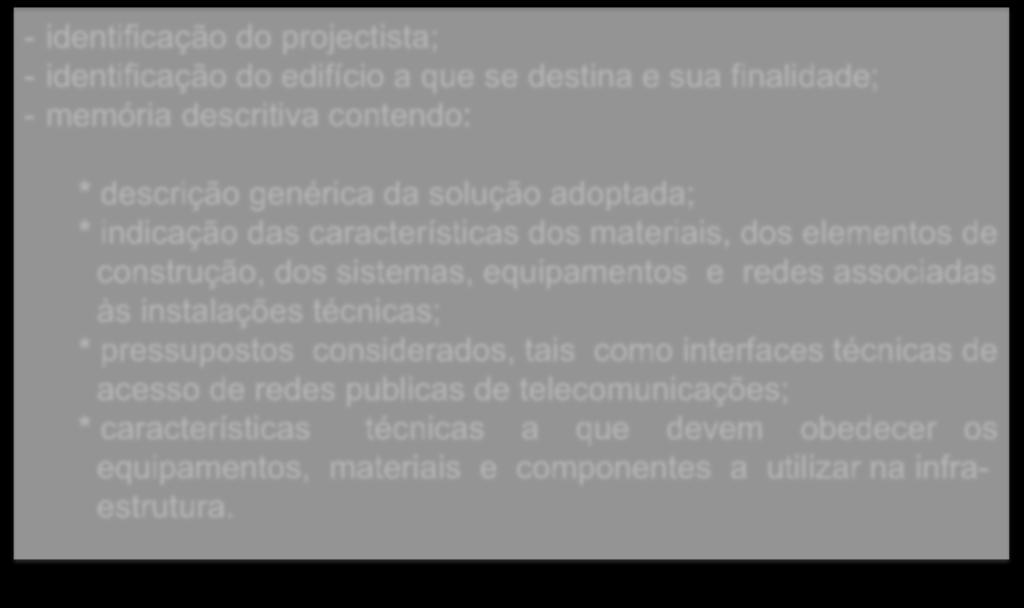 Elementos do projecto técnico - identificação do projectista; - identificação do edifício a que se destina e sua finalidade; - memória descritiva contendo: * descrição genérica da solução adoptada; *