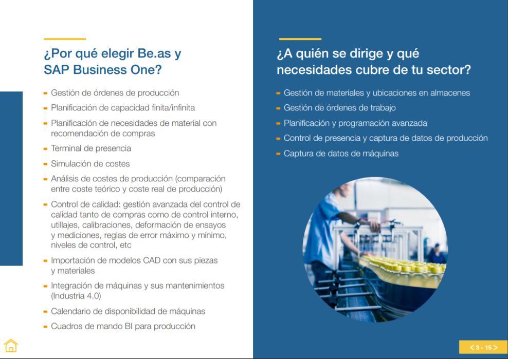 SAP Business One Manufacturing Solution Gestão de ordens de produção Planeamento de necessidades de material com recomendação de compras Planeamento de capacidades Terminal de presença Simulação de