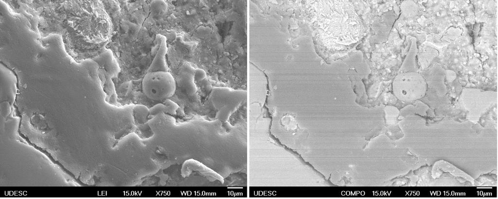 Figura 7 - FEG-MEV Concreto+Resíduo 28 dias 4 CONCLUSÕES Os resultados obtidos por fluorescência de Raios-X (FRX) mostraram que o resíduo da celulose é um material com composição química similar ao