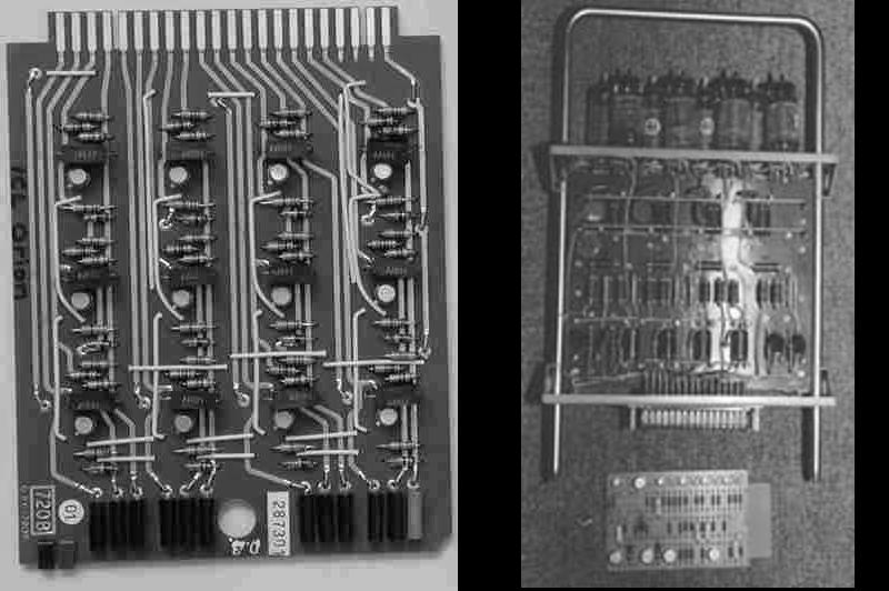 Figura 1.18: Circuito com vários transistores (esquerda). Comparação do circuito com válvulas (canto superior-direito) com um circuito composto de transistores (inferior-direito).