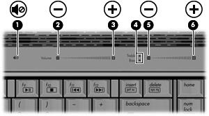 Ajuste do volume É possível ajustar o volume utilizando os seguintes controles: Botões de volume do computador: Para desativar ou restaurar o volume, pressione o botão de sem áudio (1).