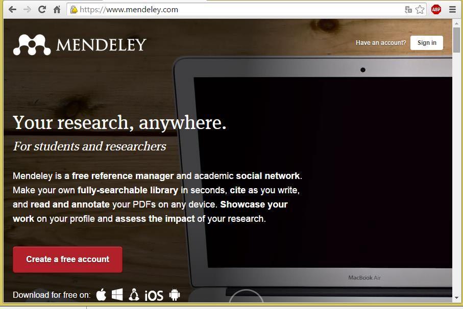 1. Acesse o site: http://www.mendeley.com Mendeley DESKTOP 2. Acesse: Create a free account Preencha os campos necessários para o registro. 3.