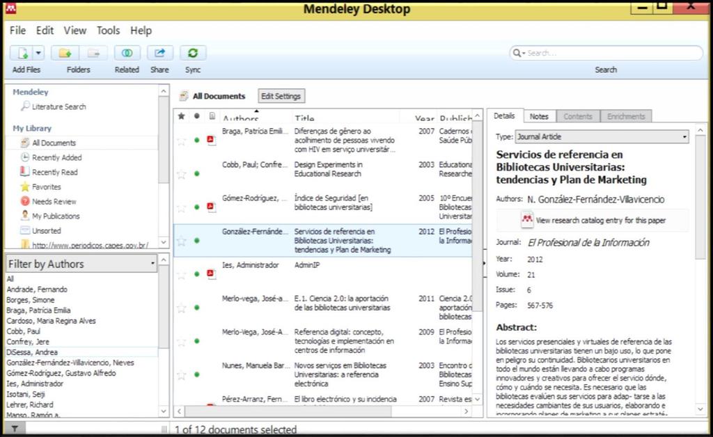 4. O arquivo importado aparecerá nas listas All Documents e Recently add O Mendeley exibirá uma ferramenta detalls que irá extrair automaticamente informações do documento importado dados como: