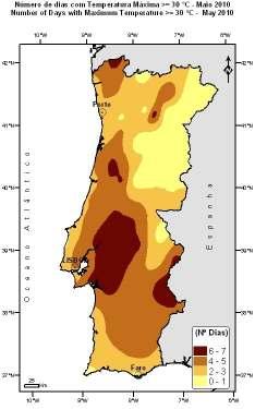 Neste mês de Maio o número de dias com temperatura superior ou igual a 25ºC foi superior ao valor normal 1971-2000, sendo as estações meteorológicas de Amareleja e Pinhão as que registaram maior