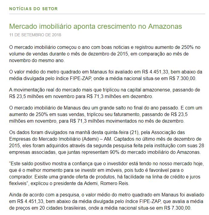 CLIPPING DE NOTÍCIAS Título: Mercado imobiliário aponta crescimento no Amazonas Veículo: ADEMI-AM Data: 11.09.