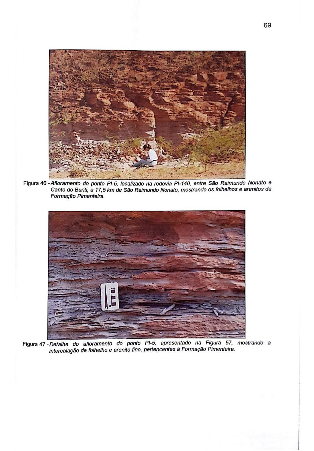 69 Figura 46 -Afloramento do ponto Pl-5, localizado na rodovia Pl-140, entre São Raimundo Nonato e Canto do Buriti, a 17, 5 km de São Raimundo Nonato, mostrando os folhelhos e arenitos