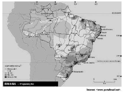 Tendo como referência o mapa acima, julgue os itens a seguir. A construção de Brasília, como sede da capital do país, favoreceu o povoamento do interior do país.