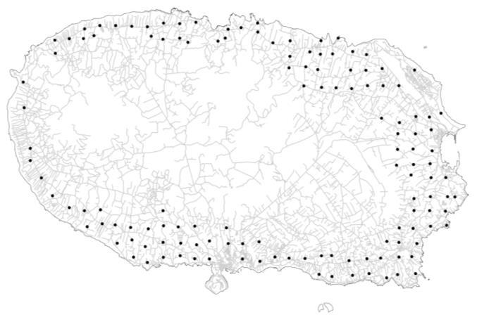 Figura 2.9 - Localização dos 132 locais de monitorização dos adultos de Ceratitis capitata Wied., com armadilhas EasyTrap da SORYGAR, com isco alimentar Biolure Med Fly, na Ilha Terceira.