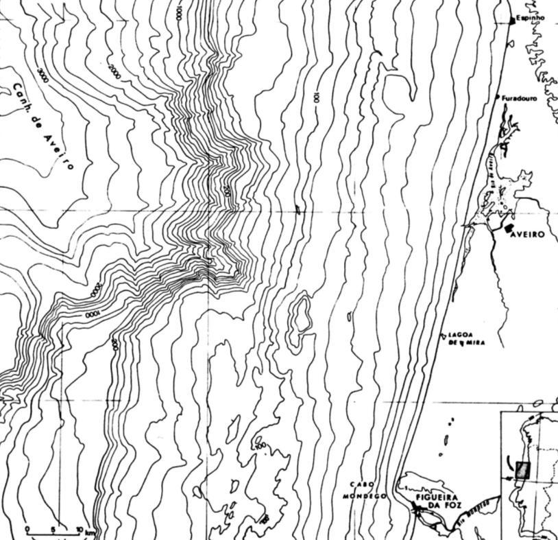 N Pontal da Galega Figura 3.2 Carta batimétrica do canhão de Aveiro (adaptado de Vanney & Mougenot, 1981).