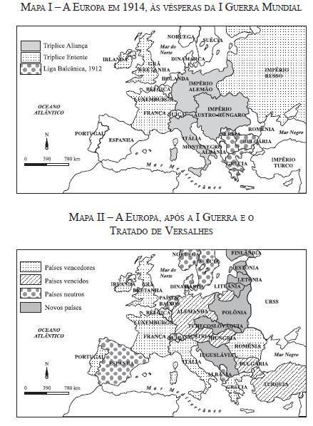 b) EXPLIQUE a Paz Armada, que antecedeu a Primeira Guerra Mundial. QUESTÃO 9 (VUNESP) a) Comparando os mapas, APONTE uma transformação ocorrida com o território da Alemanha.