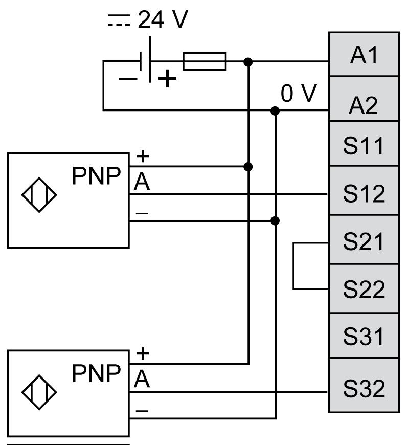 TM3SAK6R / TM3SAK6RG Fiação de sensores de proximidade sem detecção de curto-circuito Esta imagem mostra um exemplo da fiação de uma aplicação de 2 canais (2 sensores *