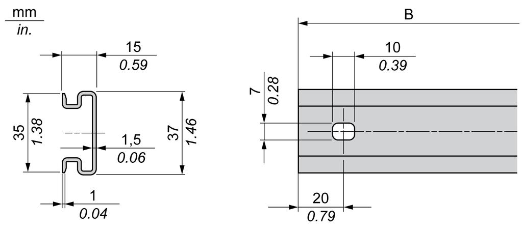 Instalação dos módulos Segurança do TM3 Calhas largas de perfil duplo (trilho DIN) A ilustração e a tabela seguintes mostram as referências das calhas largas de perfil duplo (trilhos DIN) para o