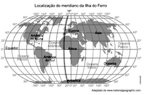 09 (UERJ) De acordo com as anotações no diário de bordo, presume-se que o padre Caspar calculou sua localização a partir do meridiano que passa sobre a Ilha do Ferro, 18 a oeste de Greenwich.